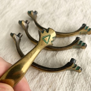Vintage Keeler Brass Drawer Pull: Geometric Southwestern Turquoise Verdigris, 3" Centers | Priced Per Piece