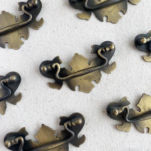 Può includere: Primo piano di diverse maniglie per cassetti in ottone antico. Ogni maniglia presenta una piastra posteriore a forma di foglia con una maniglia curva. L'hardware ha un'estetica vintage, con una finitura calda e invecchiata. Le maniglie sono disposte su una superficie bianca.