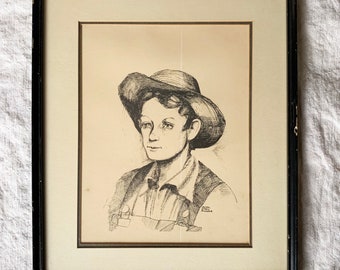 Vintage Framed Ink Drawing of a Mennonite Youth / Peter Etril Snyder / Canadian Artist