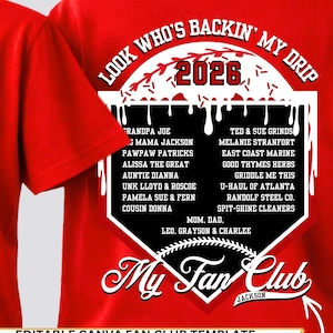 May include: Red baseball t-shirt and black baseball cap with "Bronco Baseball" and "#17" graphics. The t-shirt features a fan club design with a list of names and the text "Look Who's Backin' My Drip 2026".