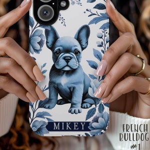 Elegant Custom French Bulldog Vintage Blue Chinoiserie Toile de Jouy Tough Phone Case|Coquette Frenchie Dog Mom Gift| Mobile Cover|Personal