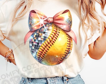 Disco Coquette Bow Softball PNG instant Digital Download|Baller Girl|DIY Shirts|300 DPI Graphic|Pink Bow pngs|Bling SoftBall|Girly Soft Ball
