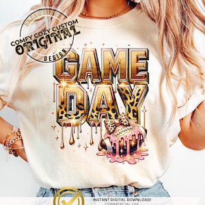 Camisa de futebol Boujee FootballMama com laço de leopardo PNG DTF | Coquette Glitz Glam Drip | gotejamento | Camisetas DIY | Drippy Sports respeita garota