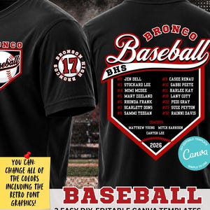 Puede incluir: Una camiseta negra con un logotipo de Bronco Baseball en la parte delantera y un gráfico grande de home plate en la parte trasera. El diseño posterior incluye una lista de nombres y números, el texto Bronco Baseball, BHS y el año 2026 en blanco y rojo.
