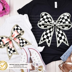 Conjunto PNG de lazos a cuadros retro / Diseño Coquette Cheer DTF / Lazos Moto Mama Racer con diamantes de imitación