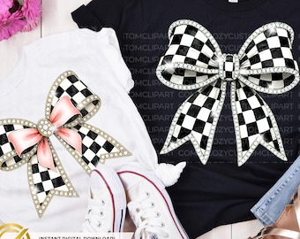 Retro Checkered Bow PNG Set | Coquette Cheer DTF Design | Rhinestone Moto Mama Racer Bows
