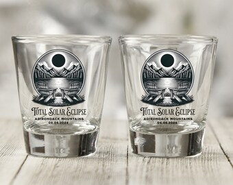 Custom Adirondack Mountains Shot Glass Gift Set for 2024 Total Solar Eclipse|Personalized Total Solar Eclipse|His and Her drinking glasses