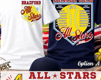 May include: Two t-shirts, one white and one navy blue, with baseball-themed graphics. The white shirt features "Bradford All Stars 2026" in a shield design. The navy shirt has a baseball graphic with player names and "Bradford" at the top. A baseball cap is in the foreground.