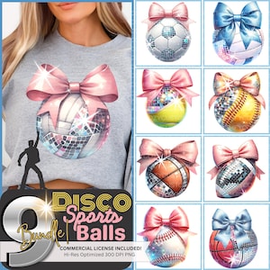 Coquette Disco Sports Ball png Clip Art BUNDEL voor doe-het-zelf-T-shirts|Blingballen met cocktailstrik|Voetbal Voetbalvolleybal Tennisnetbal DTF