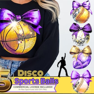 Bolas esportivas de discoteca com laço coquete|Ouro amarelo roxo|Futebol de discoteca|PACOTE de clip art|Voleibol PNG|Basquete png|Futebol BLING png