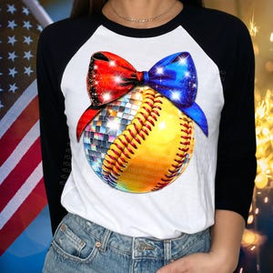 Discosoftbal Rood Wit Blauw Strik png|VS Coquette Sparkle Star DTF-afbeelding|Doe-het-zelf T-shirtontwerpen|Balmeisjesshirts|Sportafbeelding|Bling Ball|
