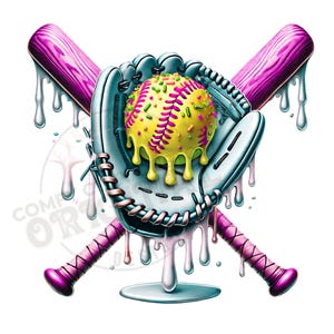 May include: A white baseball glove with a pink and yellow softball inside. The glove and ball are dripping with white frosting. Two pink baseball bats are crossed behind the glove.