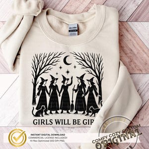 Girls Will Be Girls with Cats Vector Folksy Storybook SVG PNG|Cottage Core Witch | dtf Image for diy TeeShirts|Cute Salem Witchcore png