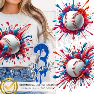 Pacchetto baseball rosso bianco blu Softball 3D PNG DTF/palla da baseball a goccia/genere neutro/magliette fai da te/palle sportive con schizzi di vernice di alta qualità