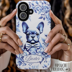 Elegant Custom French Bulldog Vintage Blue Chinoiserie Toile de Jouy Tough Phone Case|Coquette Frenchie Dog Mom Gift| Mobile Cover|Personal