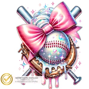 May include: A pink and white baseball with a pink bow and a brown baseball glove. The baseball is dripping with white icing and has glitter on it. The baseball is surrounded by stars.