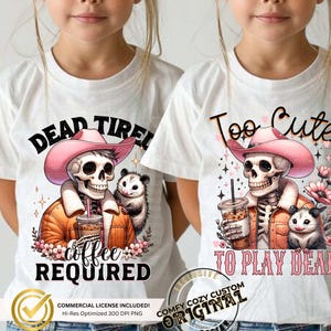 Pacote fofo de esqueleto de cowboy | Café Skellie png | Camiseta engraçada de esqueleto para amantes de café DTF Clipart Camisetas DIY | Esqueleto de gambá de café para crianças engraçadas