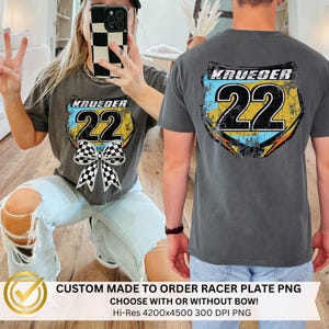 Placa personalizada de motocross Coquette PNG / Etiqueta personalizada para moto de cross con nombre y número / Placa a cuadros Moto Mama DTF