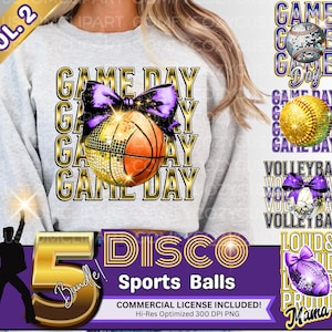 Pacote de Bolas Esportivas Disco DTF|Ouro Amarelo Roxo|Laço Coquette|Futebol|Texto Empilhado|Dia do Jogo|Voleibol PNG|Basquete png|Futebol BLING png