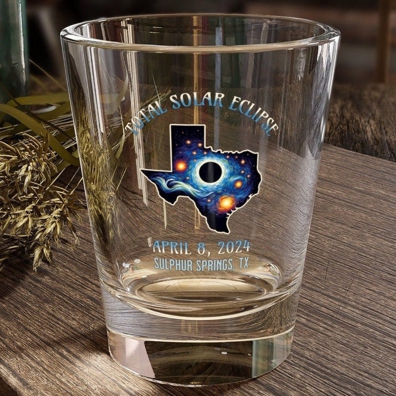 Custom Texas Eclipse Shot Glass Gift for April 8 2024 Total Solar EclipsePersonalized Total Solar Eclipse GiftStarry Night Eclipse glasses image 1
