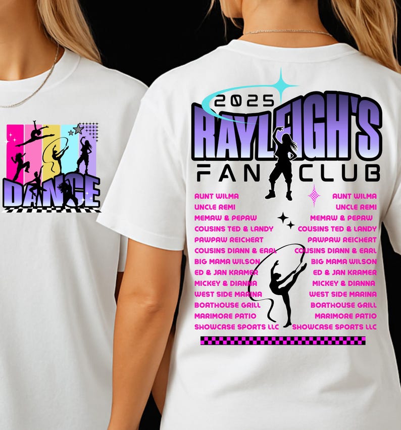 May include: White t-shirts with colorful graphics. One shirt features a dance-themed design with the word "DANCE". The other shirt displays "2025 RAYLEIGH'S FAN CLUB" with a dancer silhouette and a list of names.
