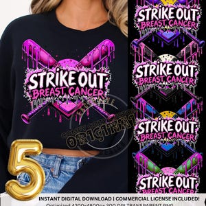May include: Black sweatshirt with a pink and purple baseball-themed graphic that reads "Strike Out Breast Cancer." The design includes crossed bats, a baseball, and a baseball diamond. A gold number 5 balloon is in the foreground.
