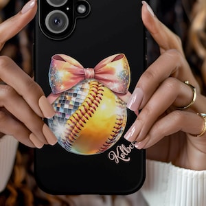 Personalisierte Disco Coquette Handyhülle mit Name und Geschenk für Softball Spielerin | Benutzerdefinierte Sportball iphone Samsung Tough Cases Cover