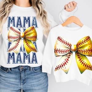 Lot de 2 coquettes de baseball et de softball SPLIT Bow Game Day MAMA | Ruban de softball png|impression dtf|moitié baseball moitié softball|vibes du jour du match png