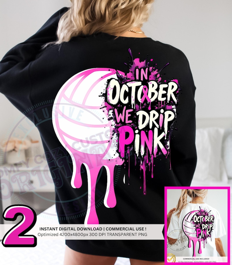 October Dripping Volleyball Breast Cancer Shirt Pink Support Squad Png Set Dtf|in ...