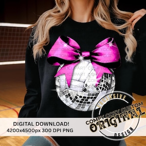 Disco coquette volleybal meisje DTF-illustraties voor doe-het-shirts|Felroze strik|Glitz volleybal, PNG-afbeelding|Afbeelding|Bling Balls|T-shirt spiegelbal