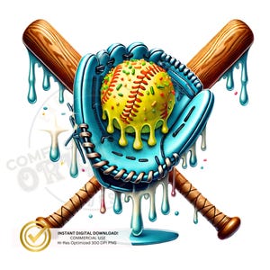 Softball Melt Ice Cream Glove Drippy Bat Ball|Druipend softbal|Turkooisblauwe handschoen Bat Dripping|Drip Sports PNG-ontwerpen|Softbal hagelslag