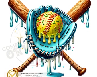 Teal Softball Glove & Bats Drip PNG | Sports Design (Digital Download)