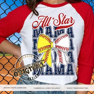 Mamá Estrella PNG/Softbol Béisbol Lazo Dividido/GameDay DIY TeeShirt Gráfico/DTF Sublimación/Media pelota de béisbol/Mamá Estrella de ambos Comercial