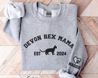 Personalized Devon Rex cat shirt,Custom cat mom sweat shirt gift for her, Vintage College Sweatshirt,Crewneck sweater,Cat name on sleeve