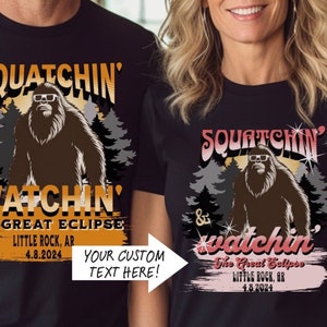 Custom Couples Eclipse Tees and Bigfoot for kids Tshirts,Personalized his and her Tshirt for Total Solar Eclipse 2024,Little Rock AR tee