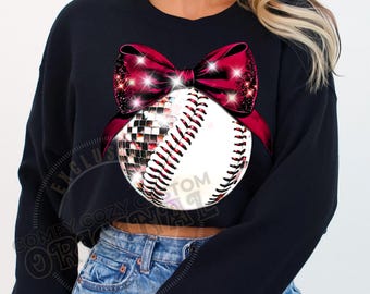 Disco Coquette Baseball Clipart | Maroon Bow PNG for DTF