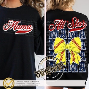 May include: Black t-shirt with the word "Mama" in red script on the front. The back features "All Star Mama" in blue and red, with a yellow softball bow graphic. A digital download with a commercial license is included.