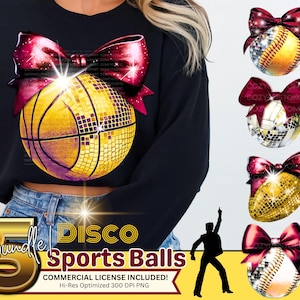 Discosportballen met coquette kastanjebruine strik Clip Art BUNDEL|Glitzvolleybal, png-afbeeldingen|DTF bling softbal strikken shirtafbeelding|Basketbal