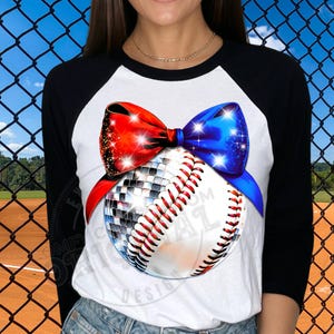 Discohonkbal met rood en blauw USA Coquette Sparkle Star Bow png voor DTF|Doe-het-zelf T-shirtontwerpen|T-shirts voor balmeisjes|Sportafbeelding|Bling Ball