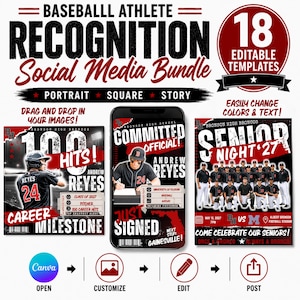 High School Baseball Senior Spotlight Canva Template - Grunge Athlete Recognition Social Pack