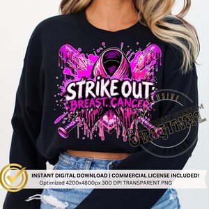 Peut inclure: Sweat-shirt noir avec un motif rose de sensibilisation au cancer du sein. Le motif comprend un ruban rose, des battes de baseball et les mots "Strike Out Breast Cancer". L'image comprend le texte "Instant Digital Download | Commercial License Included!"