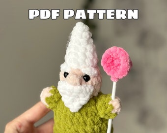 Crochet PATTERN - Gnome the Wizard | PDF pattern with video tutorials on how to create a plushie gnome with a pink butterfly net