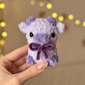 Mini Lavender Cow with Bow - Tiny crochet plushie Purple Cow, super soft pocket plushie cow