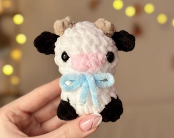 Mini Cow with blue Bow - Tiny crochet plushie black and white Cow, super soft pocket plushie cow