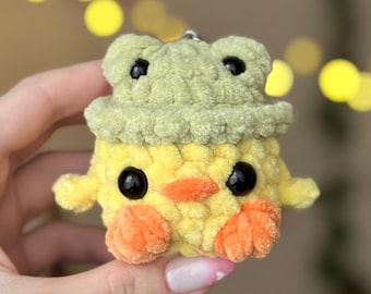 Crochet Duckling in Frog Hat – Handmade Plushie Keychain