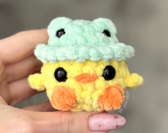 Crochet Duck Plushie in Frog Hat | Handmade Keychain Toy