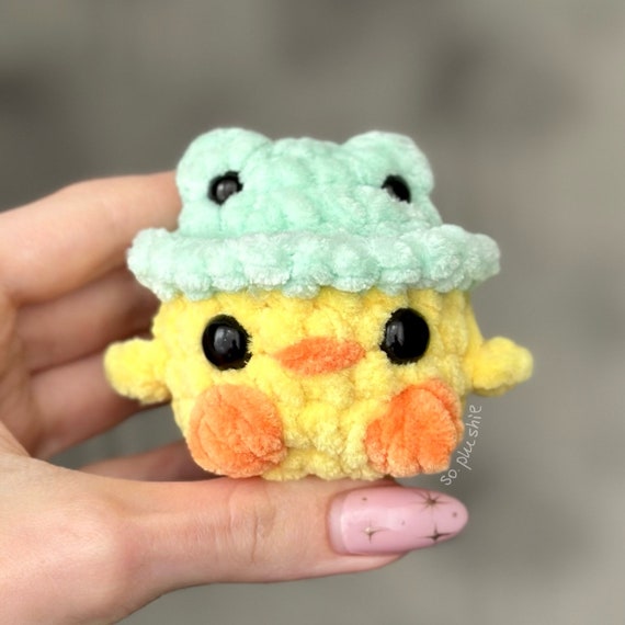 Crochet Duck Plushie in Frog Hat | Handmade Keychain Toy