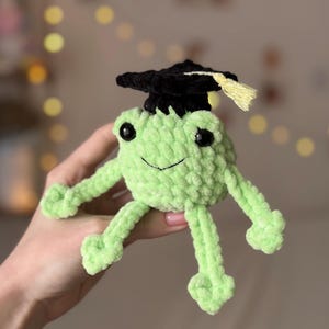 Peluche grenouille de remise des diplômes - Cadeau au crochet fait main pour les diplômés, souvenir de la promotion 2025, grenouille verte avec chapeau de remise des diplômes noir avec pompon jaune