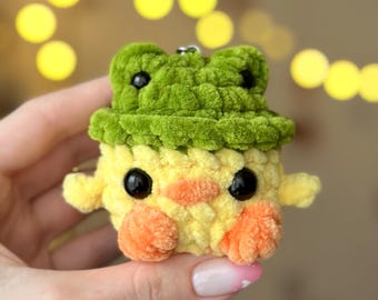 Little DUCK in a FROG Hat - Tiny crochet plushie keychain | Duck toy in a green frog hat | Cute handmade gift | Duckling in a froggy hat