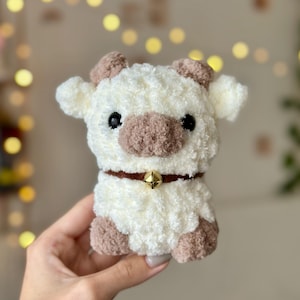 Fluffy Beige and Brown Cow Plushie – cute Crochet Stuffed Animal with Bell collar, Kawaii Cow toy, cozy Farm Animal plush Gift